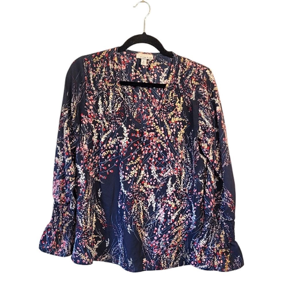 Allison Joy Navy Floral Smocked Sleeve Blouse